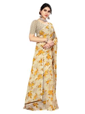 Beige printed georgette saree with blouse 3