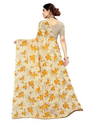Beige printed georgette saree with blouse 4
