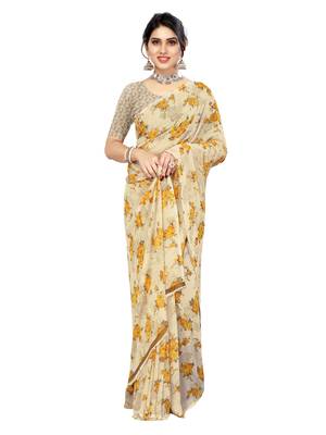 Beige printed georgette saree with blouse 5