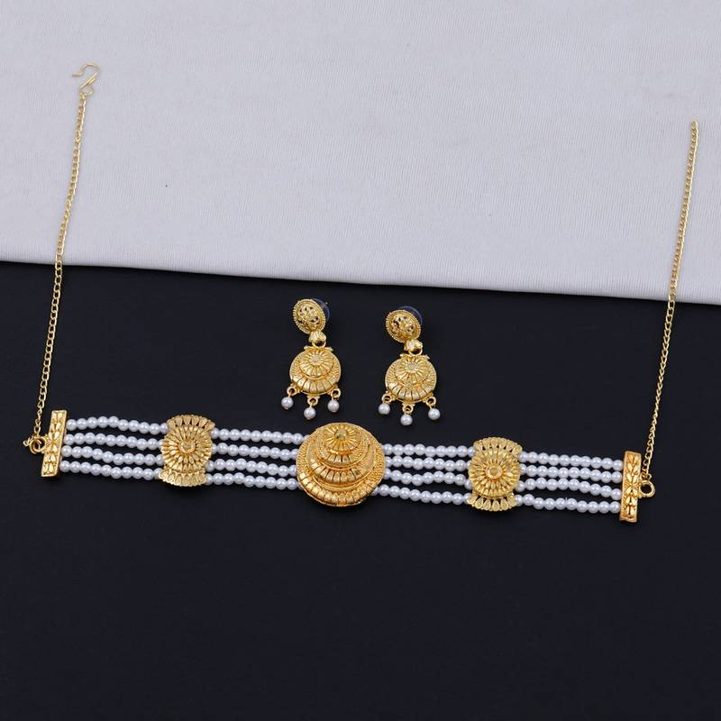 Gold Plated Pearl Choker  Designer Necklace Jewellery Set For Girls Women