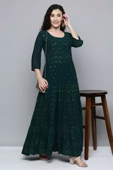Kvsfab Women Green Embroidered Sequinned Kurta with Trousers