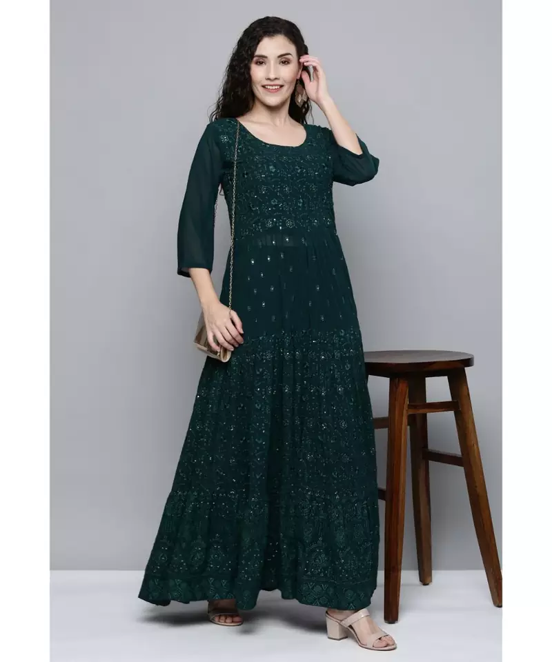Kvsfab Women Green Embroidered Sequinned Kurta with Trousers