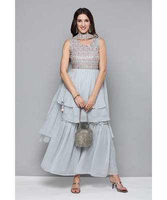 Kvsfab Women Grey Mirror Work Yoke Design Layered Kurta with Sharara & Dupatta 1