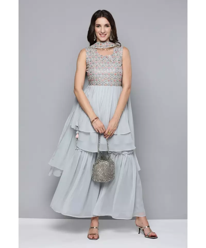 Kvsfab Women Grey Mirror Work Yoke Design Layered Kurta with Sharara & Dupatta