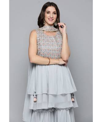 Kvsfab Women Grey Mirror Work Yoke Design Layered Kurta with Sharara & Dupatta 3