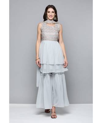 Kvsfab Women Grey Mirror Work Yoke Design Layered Kurta with Sharara & Dupatta 4