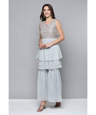 Kvsfab Women Grey Mirror Work Yoke Design Layered Kurta with Sharara & Dupatta 5