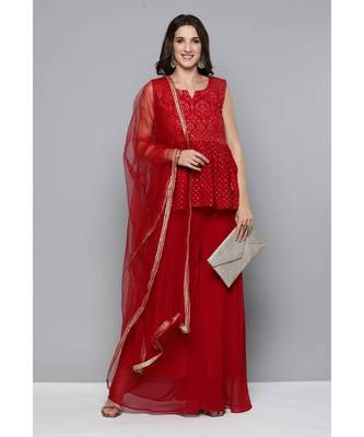 Kvsfab Women Red Embroidered Pleated Kurta with Palazzos & Dupatta 1