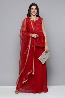 Kvsfab Women Red Embroidered Pleated Kurta with Palazzos & Dupatta