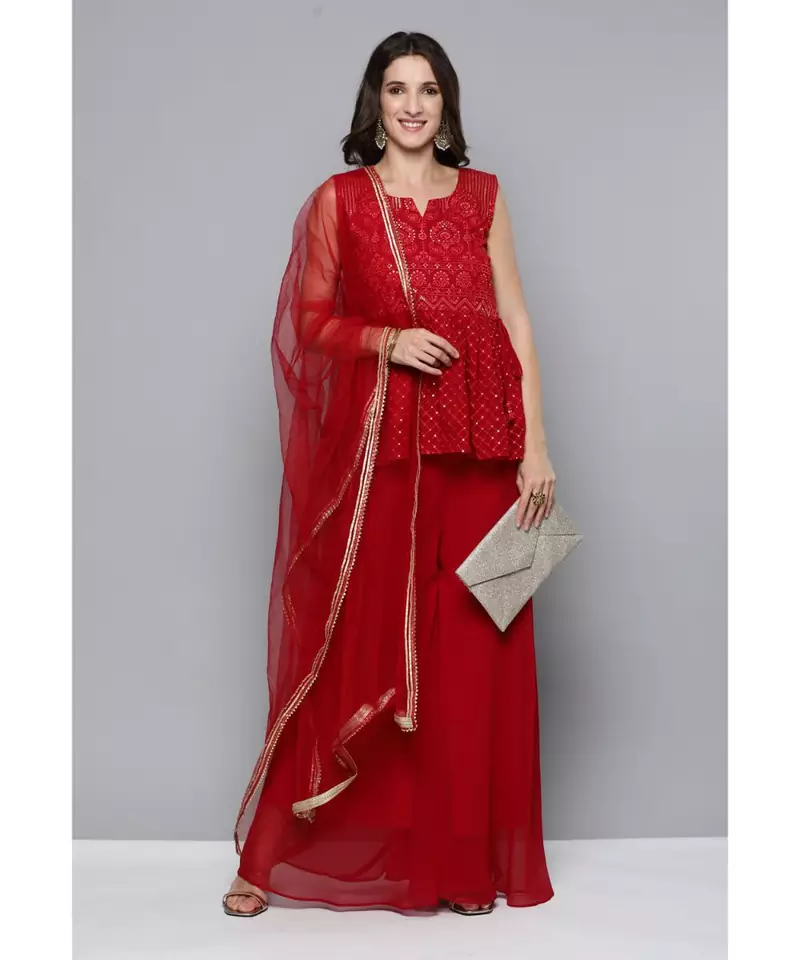 Kvsfab Women Red Embroidered Pleated Kurta with Palazzos & Dupatta