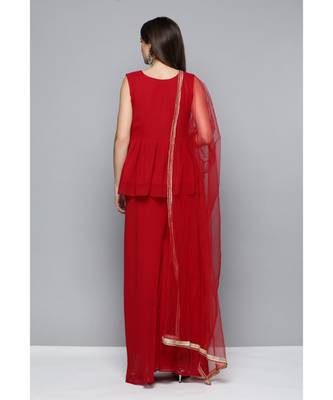Kvsfab Women Red Embroidered Pleated Kurta with Palazzos & Dupatta 2