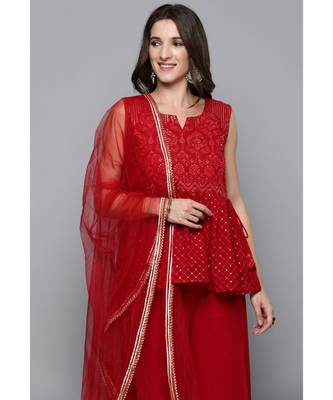 Kvsfab Women Red Embroidered Pleated Kurta with Palazzos & Dupatta 3
