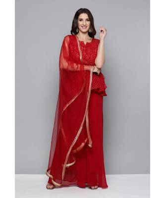 Kvsfab Women Red Embroidered Pleated Kurta with Palazzos & Dupatta 4