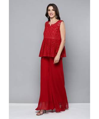 Kvsfab Women Red Embroidered Pleated Kurta with Palazzos & Dupatta 5