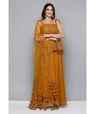 Kvsfab Women Mustard Yellow & Golden Embroidered Pleated Kurti with Palazzos & Dupatta 1
