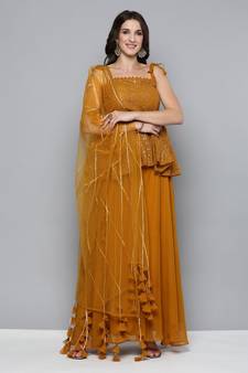 Kvsfab Women Mustard Yellow & Golden Embroidered Pleated Kurti with Palazzos & Dupatta