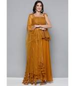 Kvsfab Women Mustard Yellow & Golden Embroidered Pleated Kurti with Palazzos & Dupatta