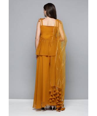 Kvsfab Women Mustard Yellow & Golden Embroidered Pleated Kurti with Palazzos & Dupatta 2