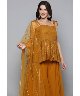 Kvsfab Women Mustard Yellow & Golden Embroidered Pleated Kurti with Palazzos & Dupatta 3