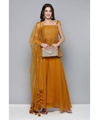 Kvsfab Women Mustard Yellow & Golden Embroidered Pleated Kurti with Palazzos & Dupatta 4