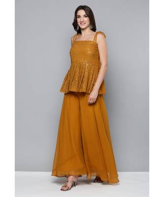 Kvsfab Women Mustard Yellow & Golden Embroidered Pleated Kurti with Palazzos & Dupatta 5