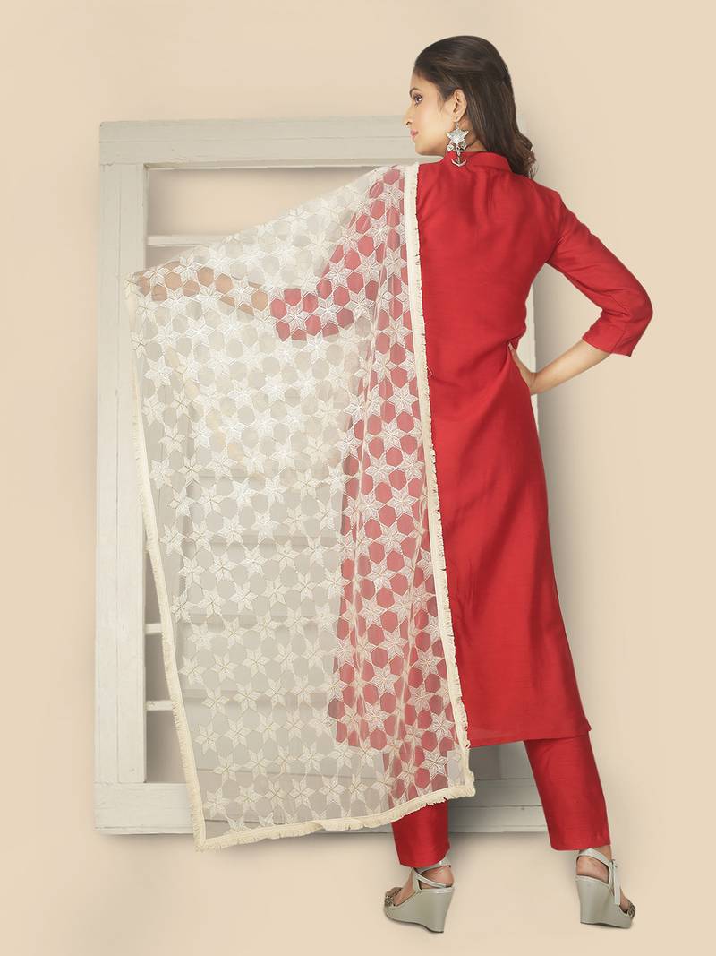 White Net Dupatta With Embellishments And Zari Work