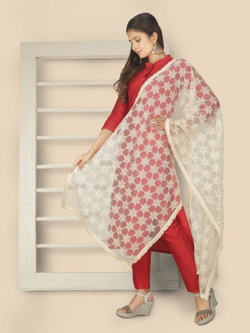 White Net Dupatta With Embellishments And Zari Work