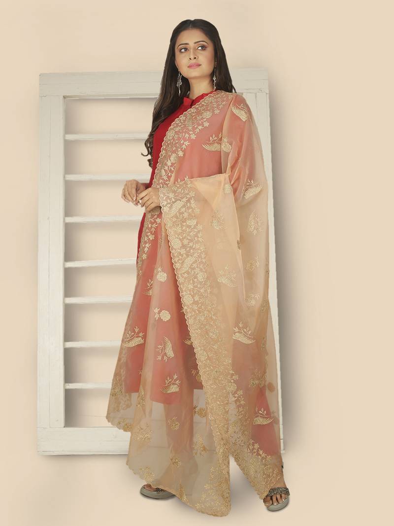Peach Organza Dupatta With Embellishments And Zari Work