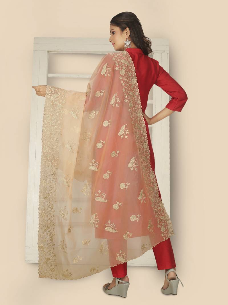 Peach Organza Dupatta With Embellishments And Zari Work