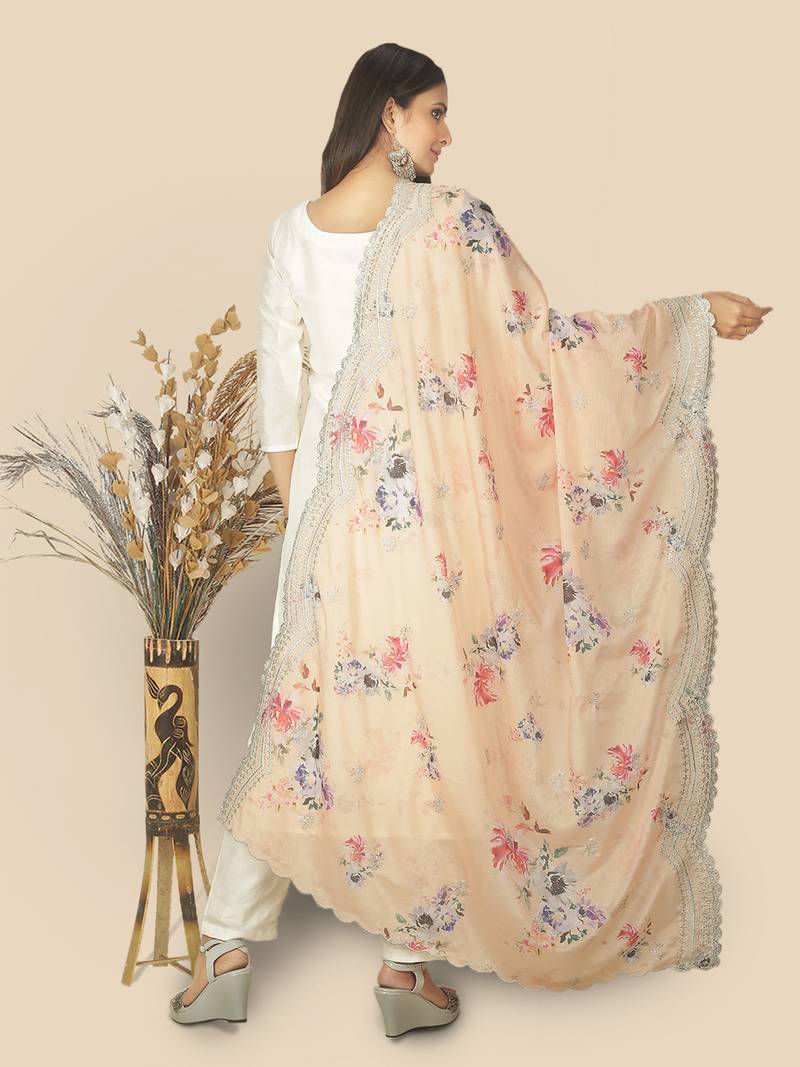 Peach Chinon Chiffon Dupatta With Embellishments And Stone Work