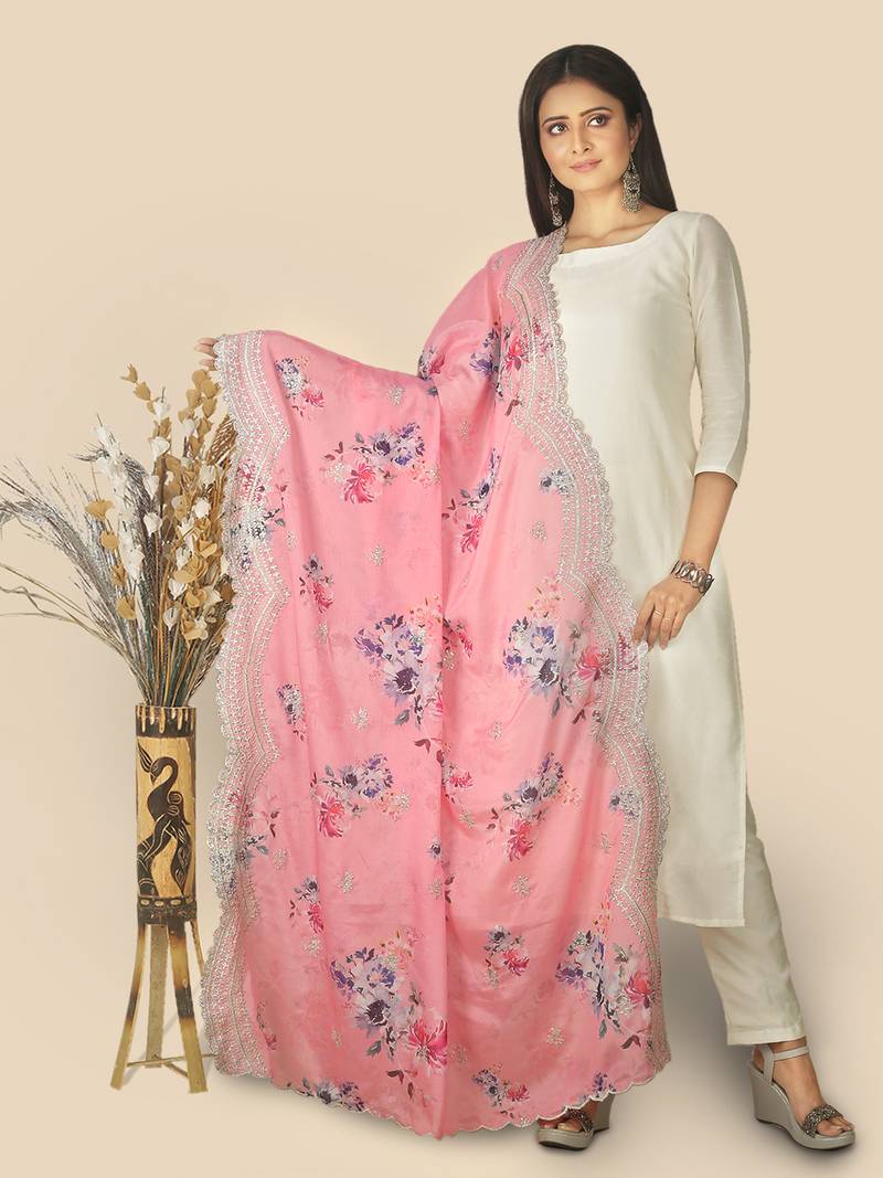 Pink Chinon Chiffon Dupatta With Embellishments And Stone Work
