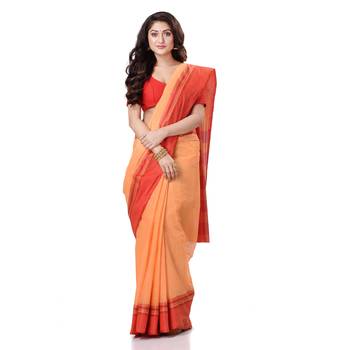 Orange Hand Woven Bengal Handloom Saree Without Blouse 1