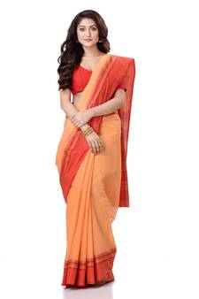 Orange Hand Woven Bengal Handloom Saree Without Blouse