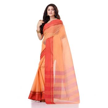 Orange Hand Woven Bengal Handloom Saree Without Blouse 2