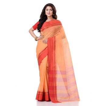 Orange Hand Woven Bengal Handloom Saree Without Blouse 5