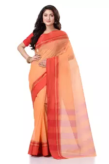 Orange Hand Woven Bengal Handloom Saree Without Blouse