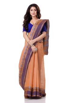 Orange Hand Woven Bengal Handloom Saree Without Blouse