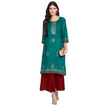 Teal printed cotton cotton-kurtis 1