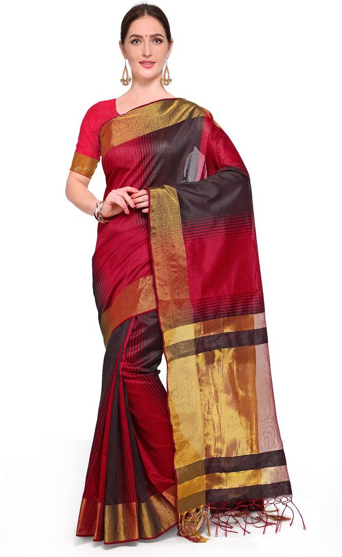 Sareemall RED Casual Cotton Silk Printed Saree With Unstitched Blouse
