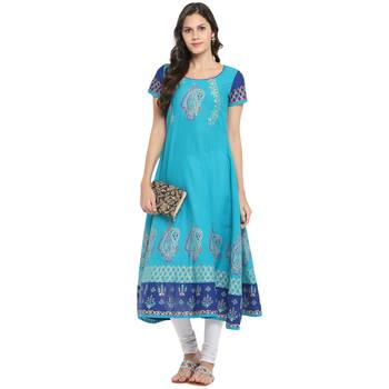 Turquoise printed cotton cotton-kurtis 1