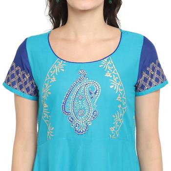 Turquoise printed cotton cotton-kurtis 5