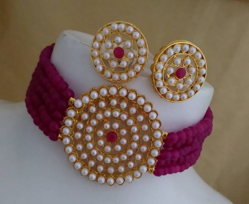 Purple Glass Pearl Choker Bollywood Style Jewellery set