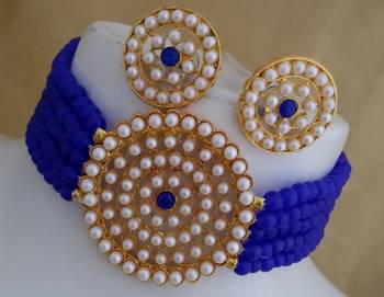 Royal Blue Glass Pearl Choker Bollywood Style Jewellery set 1