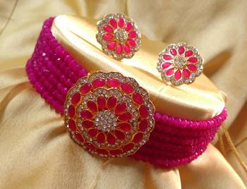 Raani Pink Crystal CZ Choker Stylish Jewellery Set 1