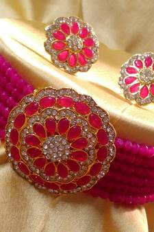 Raani Pink Crystal CZ Choker Stylish Jewellery Set