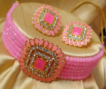 Pink Crystal Square CZ Stone Choker Jewellery Set 1