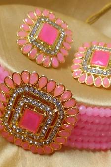 Pink Crystal Square CZ Stone Choker Jewellery Set