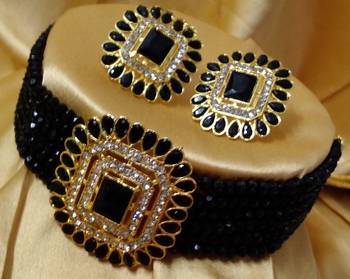 Black Crystal Square CZ Stone Choker Jewellery Set 1