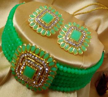 Pista Green Crystal Square CZ Stone Choker Jewellery Set 1