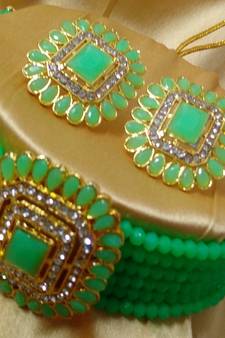 Pista Green Crystal Square CZ Stone Choker Jewellery Set